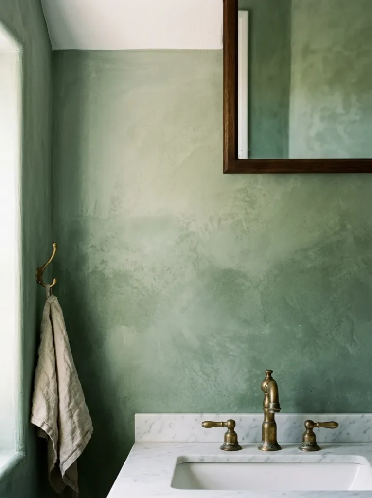 Sage green limewash bathroom wall showing natural tonal variation from lighter near the ceiling to richer at mid-height, with plaster-like surface texture