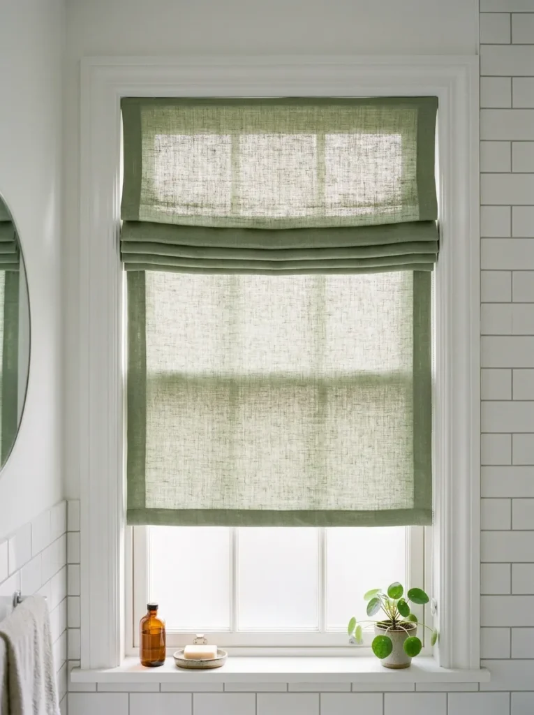 Sage green linen Roman shade partially raised on a bathroom window, horizontal folds at the top with soft light filtering through the lower panel