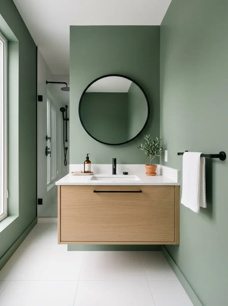 Contemporary bathroom with sage green matte walls and matte black fixtures, faucet, towel bar, and mirror frame creating a graphic color contrast