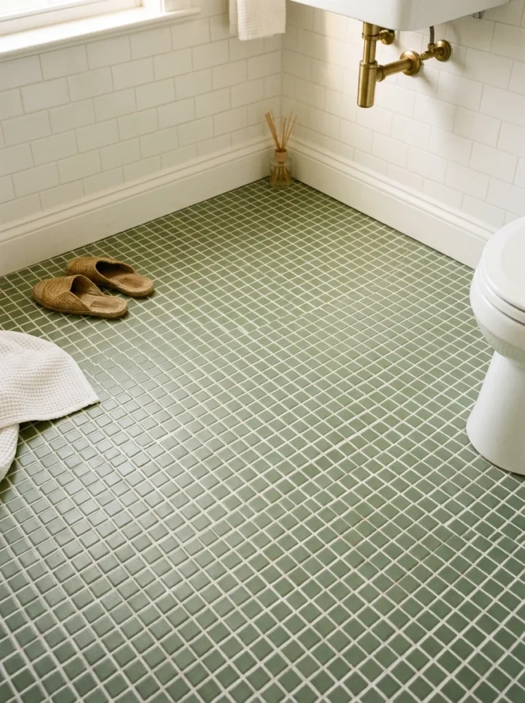 Sage green mosaic floor tile with white grout in a small-format grid, creating a textured botanical ground level in a white bathroom
