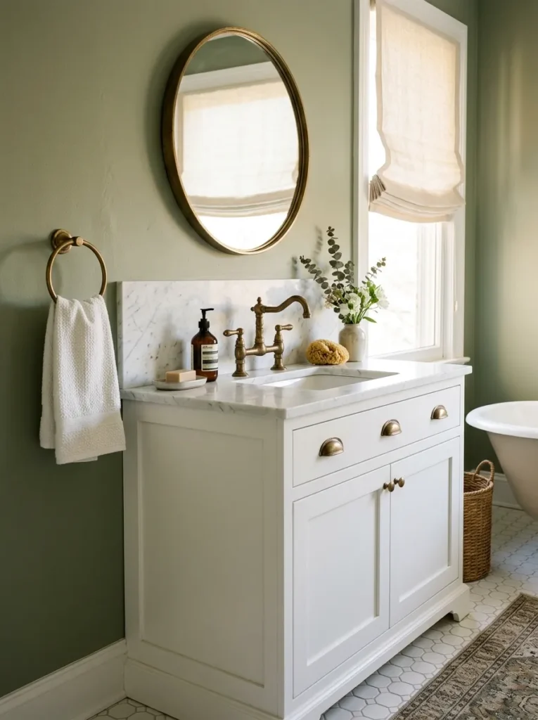 Bathroom in sage green, white, and aged brass — sage walls, white marble counter, unlacquered brass faucet and towel ring, warm ivory window shade