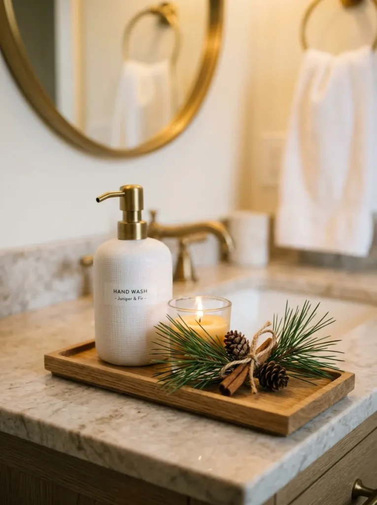 Bathroom tray with a permanent soap pump and candle holder updated for winter with a small pine sprig, pine cones, and cinnamon stick tied with twine
