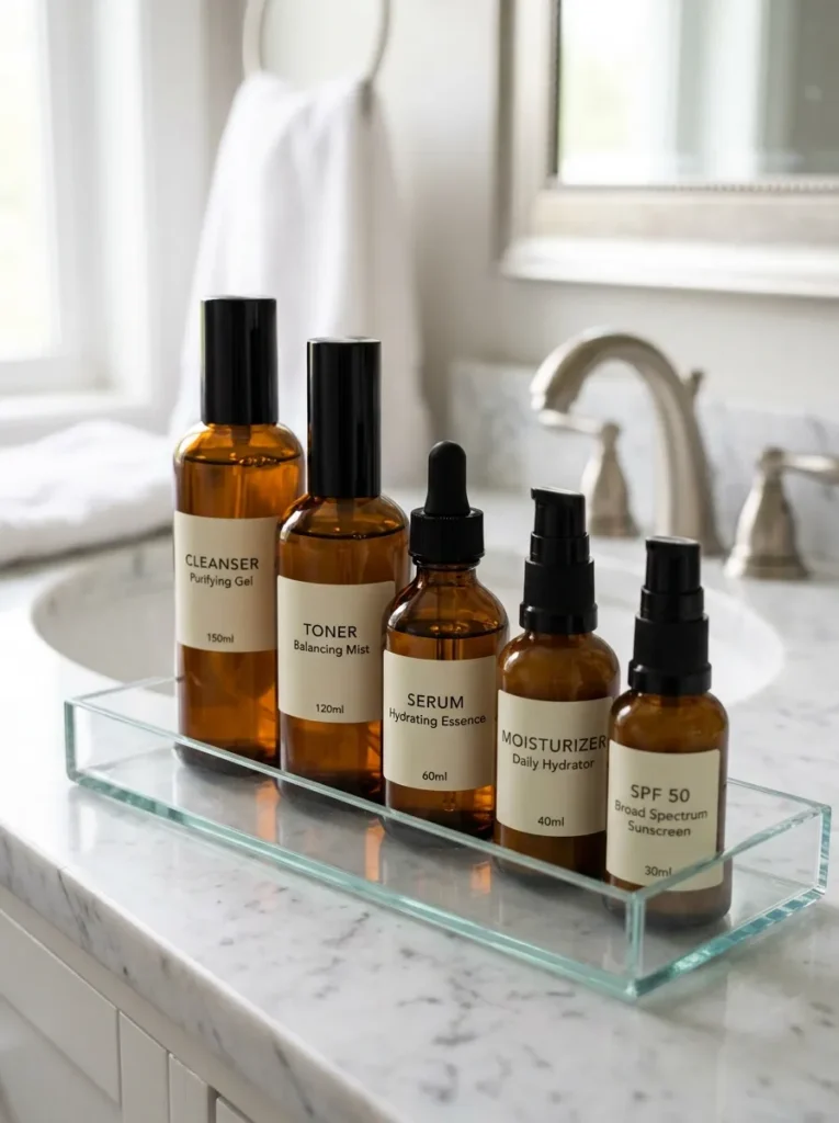 Bathroom skincare tray with five matching amber glass bottles in height order from tallest to shortest, representing a morning skincare routine
