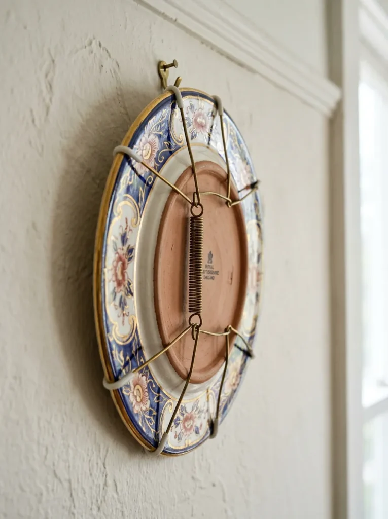 Spring-wire plate hanger visible from the back of a mounted decorative plate, thin wire arms wrapping the front rim with central hook