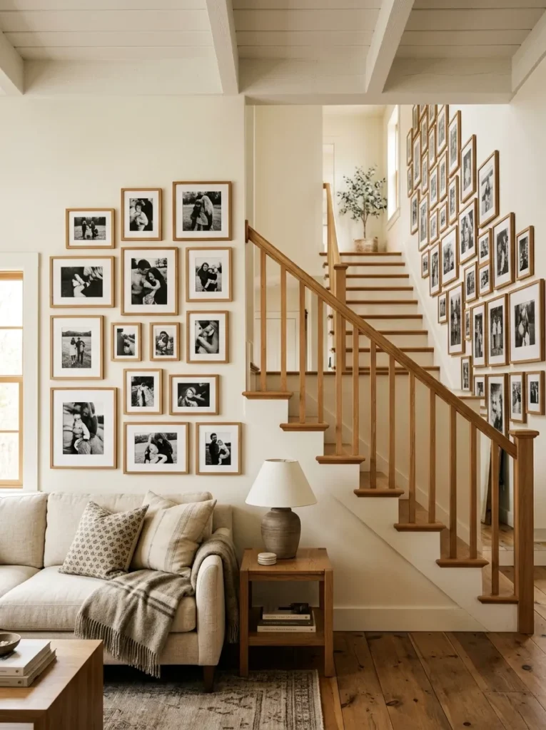 Continuous gallery wall of black-and-white family photos in natural wood frames running from the living room wall up the adjacent staircase