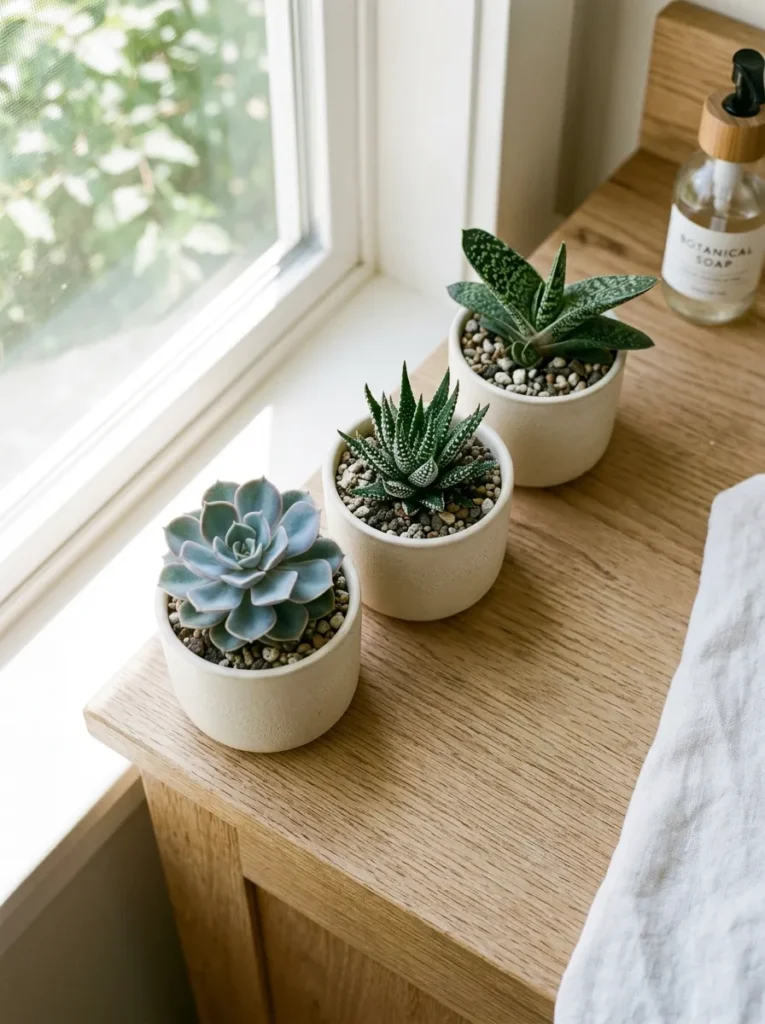 Three succulents — echeveria, haworthia, and gasteria — in matching matte cream pots on a bright bathroom vanity beside a window
