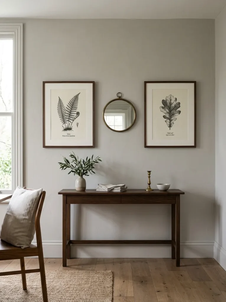 Two matching botanical prints hung symmetrically above a dining room console at identical heights with a small round mirror between them
