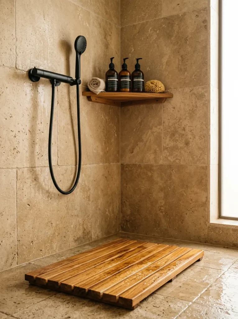 Teak shower mat on the stone floor and a teak shelf at chest height sharing the same honey-brown material across two vertical levels of the shower
