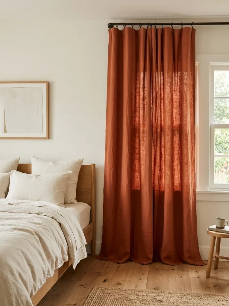 Terracotta linen curtains as the primary accent color in a bedroom with warm white walls, natural oak furniture, and ivory bedding