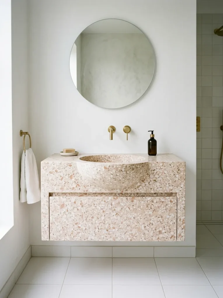 Terrazzo floating vanity with integrated basin in warm pink and cream chip composition, wall-mounted brass faucet, and round mirror above