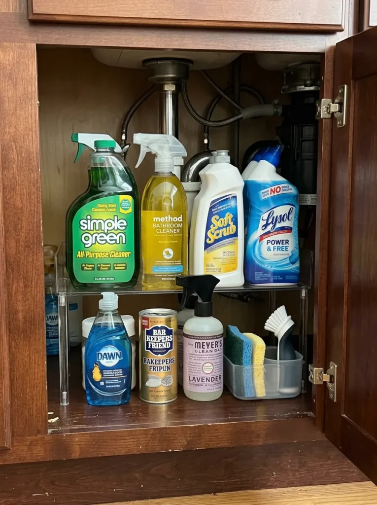 Tiered shelf riser in the back section of an under-sink cabinet showing tall bottles elevated on the upper tier and shorter products on the lower