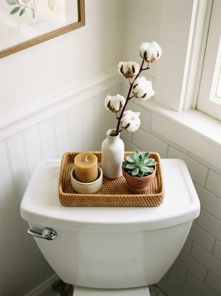Small rattan tray on a toilet tank top with a ceramic candle holder, dried cotton stem bud vase, and tiny succulent in terracotta
