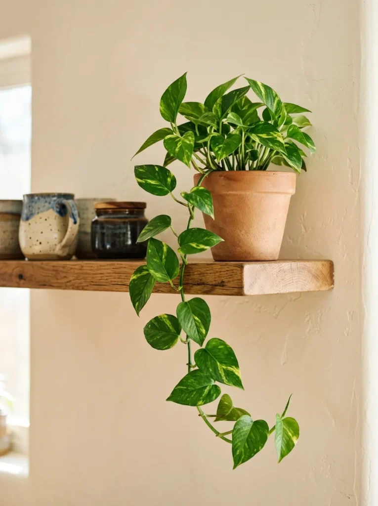 Small pothos plant in a terracotta pot at the edge of a kitchen shelf with one vine trailing naturally downward