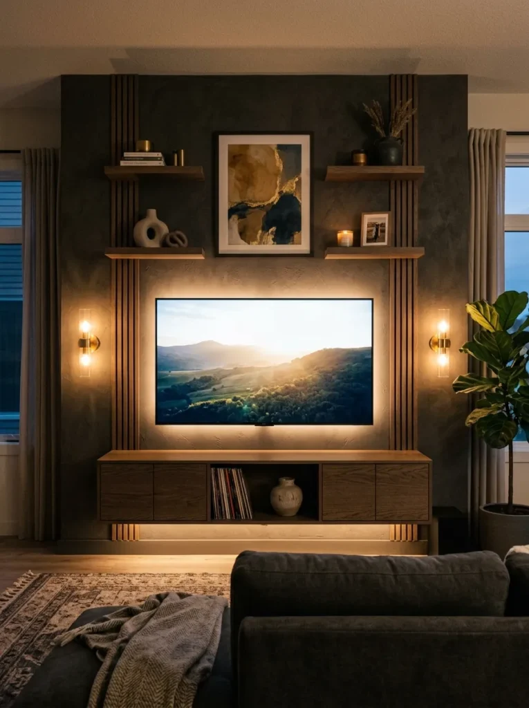 Complete TV feature wall at evening showing floating oak unit, LED-lit TV, flanking display shelves, framing art, and wall sconces as one composed feature