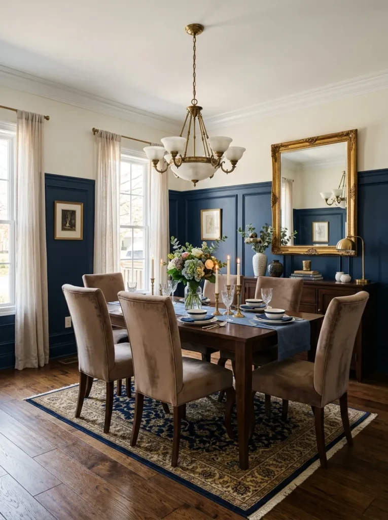 Two-tone dining room with deep navy wainscoting below white walls, walnut table, taupe velvet chairs, and brass chandelier
