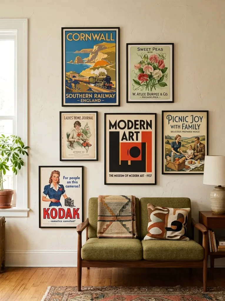 Gallery wall of vintage posters and ephemera including a 1920s travel poster, seed packet illustration, and exhibition print in thin black frames