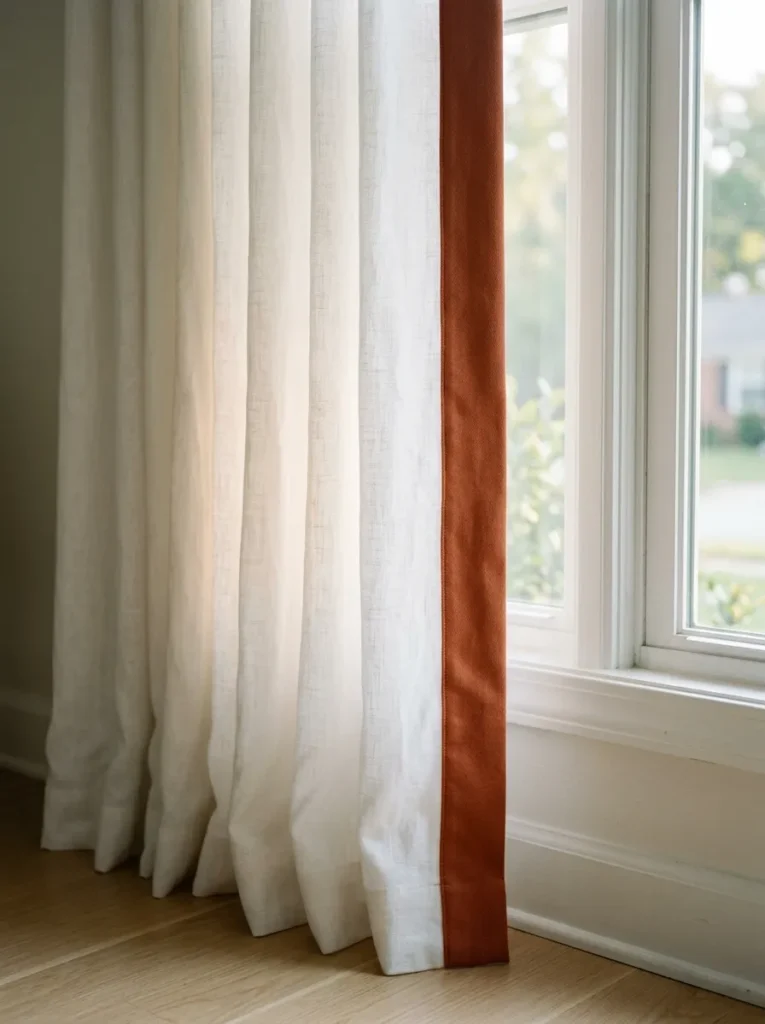 White linen curtain panel with a deliberate terracotta border running the full length of the leading edge, in soft morning backlight
