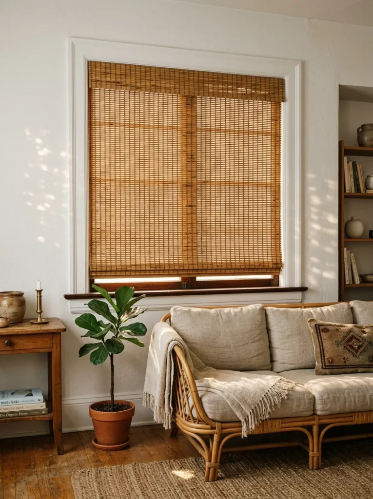 Wide woven bamboo and reed shade lowered on a living room window, afternoon light filtering through the weave creating a warm dappled quality